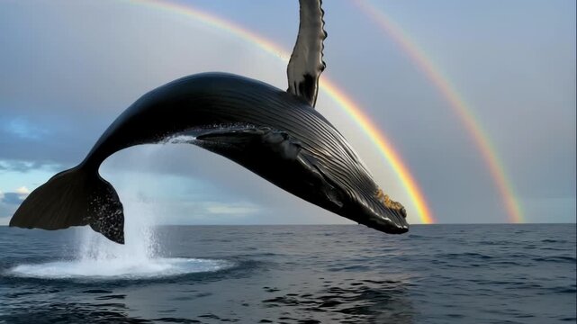 A majestic humpback whale leaps out of the ocean against the backdrop of a double rainbow, an impressive natural seascape, a concept of freedom and the wonder of wildlife