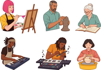 Creative people engaged in arts and music, painting, sculpting, writing, keyboard playing, music production, pottery making, artistic activities
