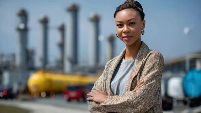 Empowered Engineer: An accomplished woman confidently stands with her arms crossed, embodying expertise and leadership against the backdrop of an industrial plant.