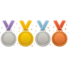 Four olympic medals featuring ribbons in various colors white background