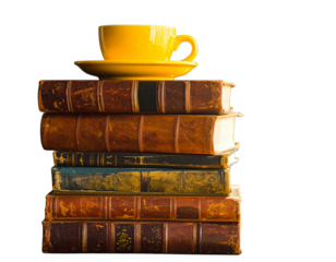 Stack of Vintage Books with Yellow Coffee Cup on Top, Front View, Isolated PNG