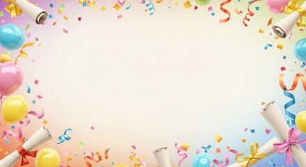 Celebrate achievements with this festive image featuring colorful balloons, confetti, and diplomas. Perfect for graduation announcements or celebratory WITH white copy space