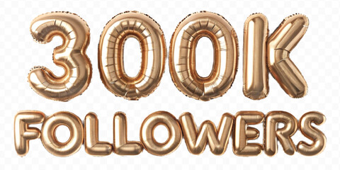 realistic 3d 300K FOLLOWERS typography text made by with different color foil balloons isolated on transparent background