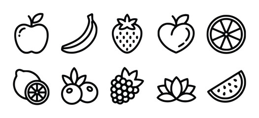 Assortment of Fruit and Flower Line Art Icons Featuring Apple Banana Strawberry Peach Orange Lemon Berries and Watermelon