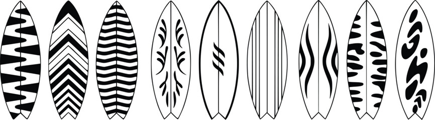 Assortment of ten black and white patterned surfboards displayed vertically water sport