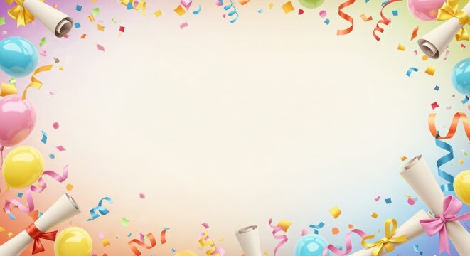 Celebrate achievements with this festive image featuring colorful balloons, confetti, and diplomas. Perfect for graduation announcements or celebratory WITH white copy space