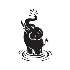 Playful cartoon elephant splashing and spraying water. Happy baby elephant taking a bath, black and white vector silhouette logo.
