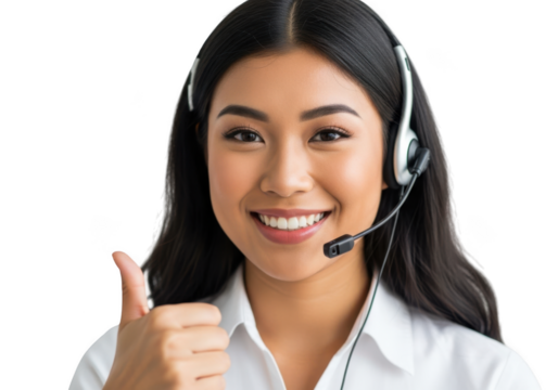 Friendly asian customer service representative woman wearing a headset and giving a thumbs up, isolated on transparent background - Powered by Adobe