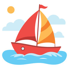 Fototapeta premium Marine print with cute boat on sea and clouds vector illustration