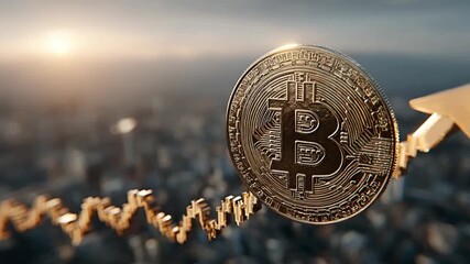 Rising Crypto: A golden bitcoin coin ascends above a cityscape at sunset, symbolizing the dynamic, evolving realm of cryptocurrency - Powered by Adobe