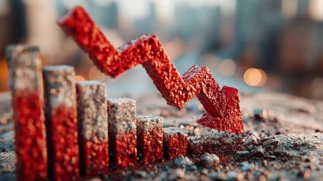Economic Downturn: A red arrow graphically plunges downward over a starkly rendered bar graph, symbolizing financial decline amidst a blurred cityscape.