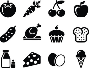 Collection of Black and White Food Icons Including Fruits Vegetables and Baked Goods