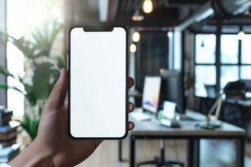 Hand holding smartphone with blank white screen mockup in modern workspace.