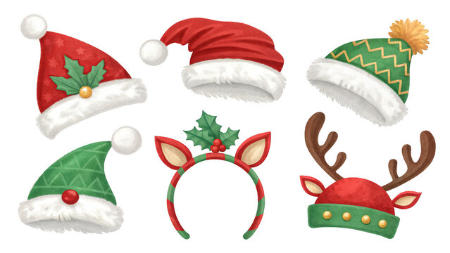 Collection of festive christmas hats and headbands isolated on transparent background