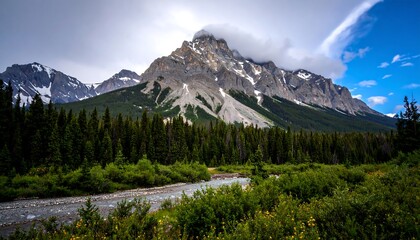Fototapeta premium Majestic mountain range, thick forests, and a serene river; a beautiful vista of nature's grandeur.
