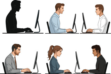 People working at computers illustration set – diverse professionals and casual workers typing, focused on screens, business and remote office vector art