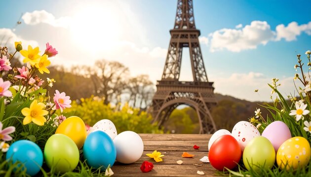Colorful Easter eggs on a wooden surface, in front of the Eiffel Tower, surrounded by flowers and springtime scenery.