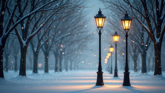Snowy park avenue with glowing gas lamps winter trees