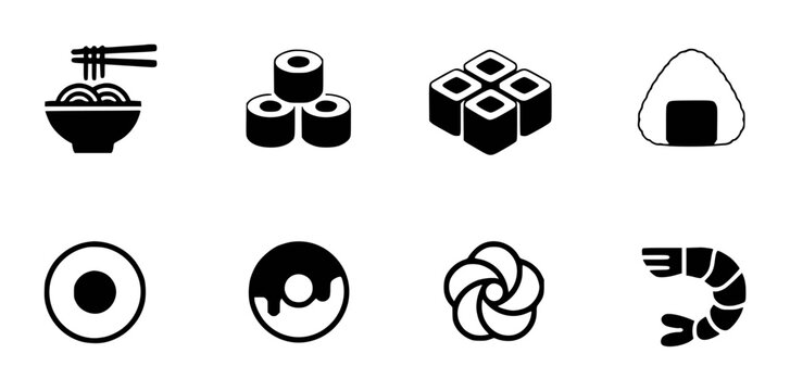 Set of Eight Black Japanese Food Icons on White Background sushi ramen