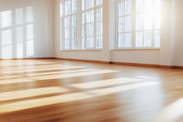 Fototapeta premium Sunlit empty room with hardwood floors and large windows, modern design.