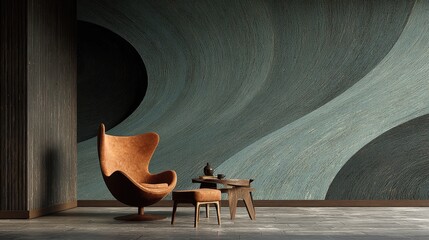 Modern, minimalist room with tan armchair and teal-toned wall