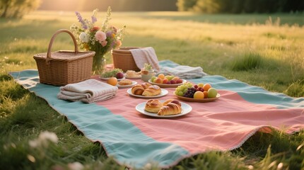 Fototapeta premium Sunny Picnic with Croissants and Fresh Fruit on a Plaid Blanket