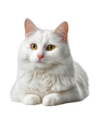 Obraz premium A fluffy white domestic cat with yellow eyes rests peacefully looking alert isolated on transparent background. PNG die-cut for advertising
