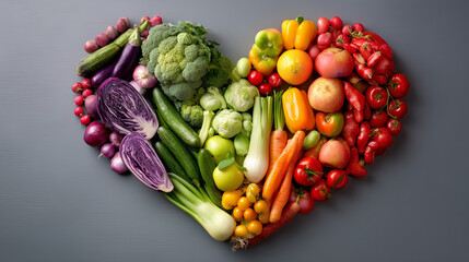 World Vegetarian Day, fresh vegetables and fruits arranged in heart shape symbolizing healthy diet