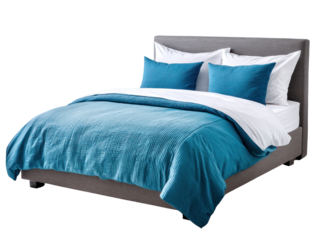A neatly made bed with a textured teal duvet and blue pillows on a grey frame isolated on transparent background. PNG die-cut for advertising