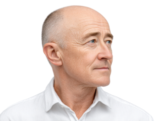 Bald Caucasian man in white shirt profile view looking into distance isolated on transparent background. PNG die-cut for advertising