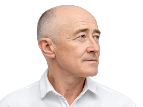 Bald Caucasian man in white shirt profile view looking into distance isolated on transparent background. PNG die-cut for advertising