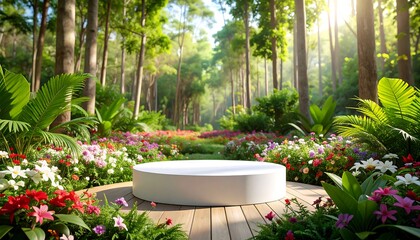 A serene, sunlit garden setting, featuring a circular, white pedestal in a vibrant flower-filled woodland glade.