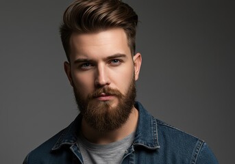 Fototapeta premium Portrait of a Bearded Young Man Wearing Denim Jacket Against Gray Background