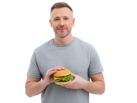 Smiling middle aged man holds a fresh stacked cheeseburger in his hands isolated on transparent background. PNG die-cut for advertising