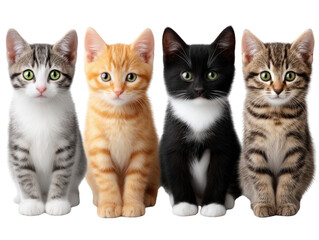 Fototapeta premium Four adorable kittens of different breeds and colors sitting in a row isolated on transparent background. PNG die-cut for advertising