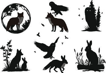 Forest animal silhouettes featuring foxes, owls, rabbits, butterflies, woodland wildlife, night scene, nature, wild animals, woodland creatures, peaceful outdoors