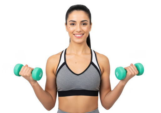 Young athletic woman smiling while holding dumbbells, performing an exercise, isolated on transparent background