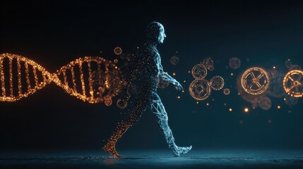 A figure walks forward on a glowing timeline, with the face of a young adult on the left and an older person on the right, surrounded by floating DNA helices and glowing clock gears.