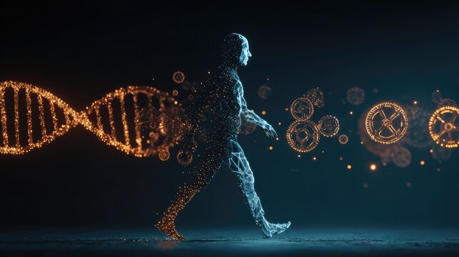 A figure walks forward on a glowing timeline, with the face of a young adult on the left and an older person on the right, surrounded by floating DNA helices and glowing clock gears.