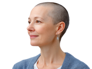 Mature woman with close cropped hair wearing a blue cardigan and an earring profile view isolated on transparent background. PNG die-cut for advertising