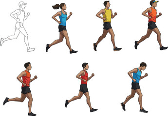 Diverse runners in motion, athletic men and women jogging, exercising outdoors, running poses, sportswear, fitness training, race preparation, health activity