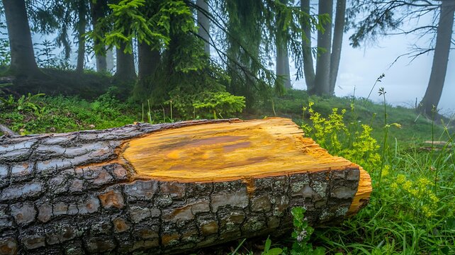  Freshly cut tree stump lying in green forest with foggy background 
