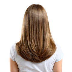 Naklejka premium Rear view of a woman with long layered honey blonde hair wearing a white t shirt isolated on transparent background. PNG die-cut for advertising