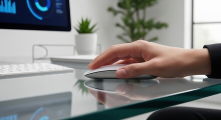 Hand Navigating at the Workstation: The scene centers on a hand gently navigating a sleek wireless mouse, its cursor hovering over a glass desktop. Behind, a monitor displays insightful data.