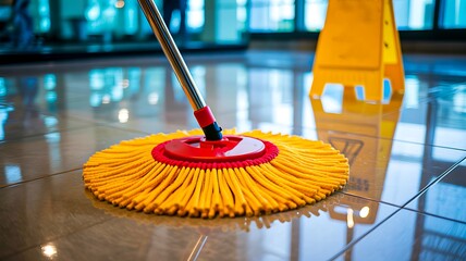 Cleaning mop with yellow wet floor sign on shiny tiles