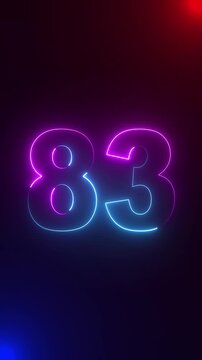  Purple and blue neon number 83 glowing on a black background. Vibrant purple and Blue Neon Number 83 Glowing in Darkness eighty-three numeral.