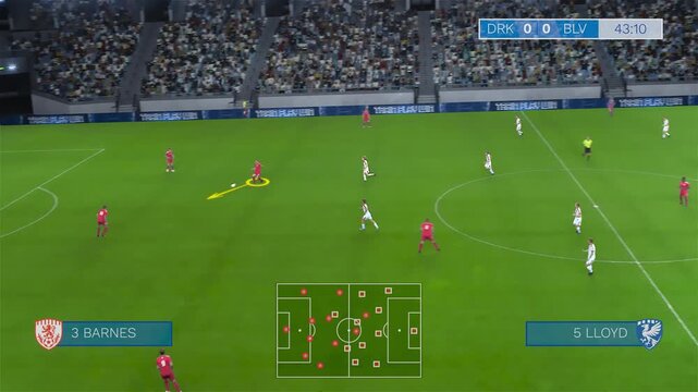 Virtual Football Gameplay Mock Up for Any Computer Video Game Screen with Characters Dribbling, Shooting and Scoring Goals in a Dynamic Sports Simulation Template with HUD Data ana Animation