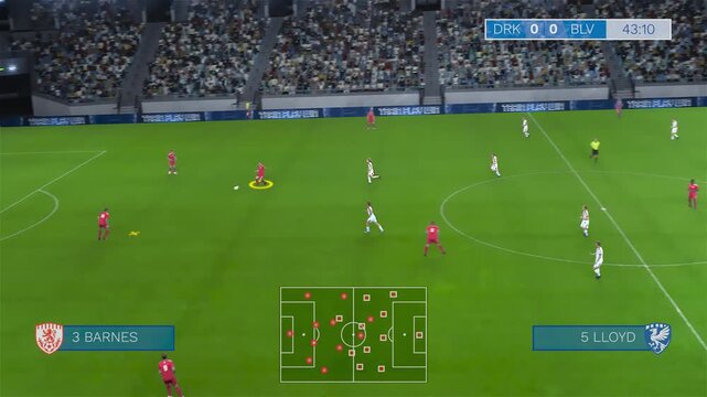 Soccer Video Game Playback Interface Displaying Player Movements, Team Formations and Fast-Paced Ball Control in a 3D Gameplay Environment. Red User Scoring a Goal in the End of a Gameplay Mock Up