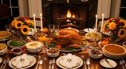 Naklejka premium Festive Thanksgiving Dinner Table Setting with Roasted Turkey and Traditional Side Dishes by Fireplace