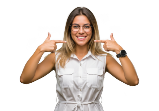 Beautiful young woman with glasses smiling and pointing at her teeth, isolated on transparent background